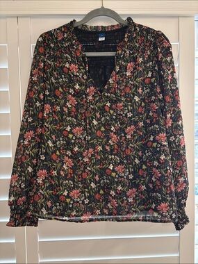 Old Navy Black Floral Smocked Yoke Blouse with Pink Flowers